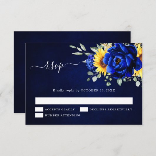 Koninklijk blauwe rustieke zonnebloem moderne bloe RSVP kaartje (Voorkant / Achterkant)