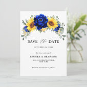Koninklijk Blauwe Rustieke Zonnebloem Moderne Bloe Save The Date (Staand voorkant)