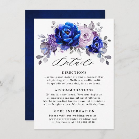 Koninklijk Blauwe Sering Paarse Bloemige Trouwdeta Informatiekaartje (Voorkant / Achterkant)