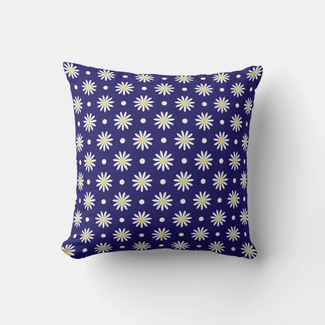 Koninklijk blauwe sierkussen met madeliefjes (Voorkant)
