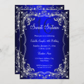 Koninklijk Blauwe Sweet 16 Zilveren Parel Damast f Kaart (Voorkant / Achterkant)