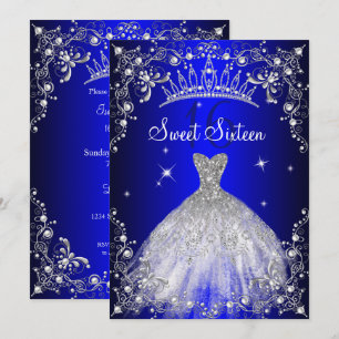 Koninklijk Blauwe Sweet 16 Zilveren Parel Jurk fee Kaart