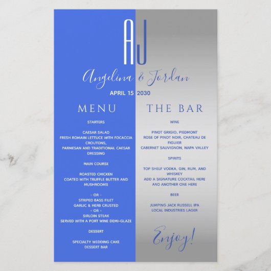 Koninklijk Blauwe Trouwbar Menu (Voorkant)