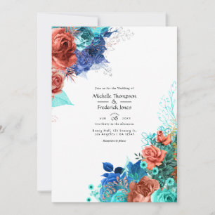 Koninklijk Blauwe, Turquoise en Koraal Bloemen Bru Kaart