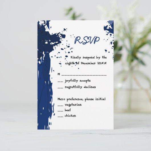 Koninklijk Blauwe Verfspatten - Uitnodiging RSVP (Staand voorkant)