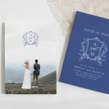 Koninklijk Blauwe Vintage Wapenrust Save the Date