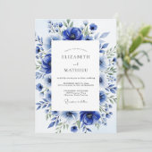 Koninklijk Blauwe Waterverf Bloem Bruiloft Kaart (Staand voorkant)