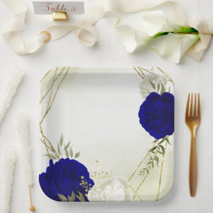 koninklijk blauwe witte bloemen bruiloft papieren bordje