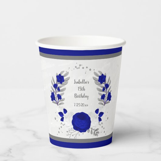 koninklijk blauwe & witte bloemen zilveren botanis papieren bekers (Achterkant)