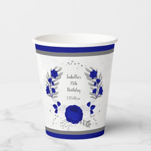 koninklijk blauwe & witte bloemen zilveren botanis papieren bekers (Voorkant)