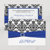 Koninklijk blauwe, witte, zwarte damast antwoordka RSVP kaartje (Voorkant / Achterkant)