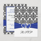 Koninklijk Blauwe, Witte, Zwarte Damast & Hartjes RSVP Kaartje (Voorkant / Achterkant)