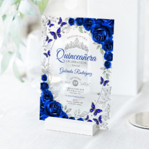 Koninklijk Blauwe Zilveren Bloemstuk Quinceanera Acryl Uitnodigingen