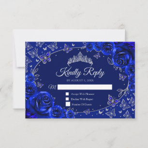 Koninklijk Blauwe Zilveren Quinceanera-reactie RSVP Kaartje