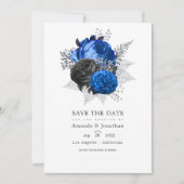 Koninklijk Blauwe, Zwarte en Zilveren Bloemachtige Save The Date (Voorkant)