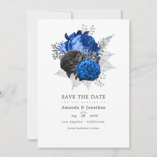 Koninklijk Blauwe, Zwarte en Zilveren Bloemachtige Save The Date (Voorkant)
