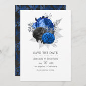 Koninklijk Blauwe, Zwarte en Zilveren Bloemachtige Save The Date (Voorkant / Achterkant)