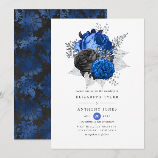 Koninklijk Blauwe, Zwarte en Zilveren Bloemige Bru Kaart (Voorkant / Achterkant)