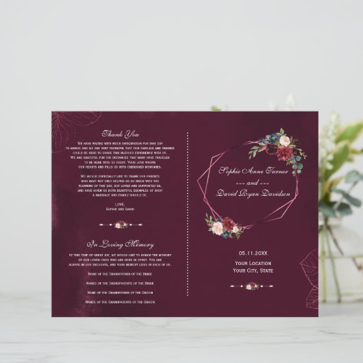 Koninklijk Bourgondië Bloem Geometrisch Trouwprogr (Staand voorkant)