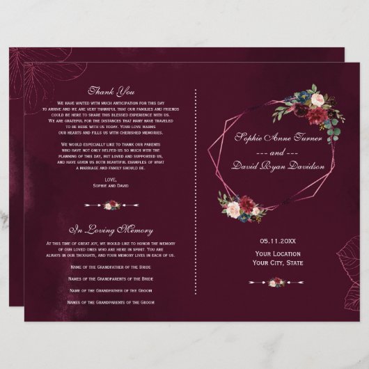 Koninklijk Bourgondië Bloem Geometrisch Trouwprogr (Voorkant / Achterkant)