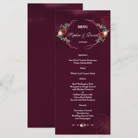 Koninklijk Bourgondisch Bloemmotief Geometrisch Tr Menu (Voorkant / Achterkant)