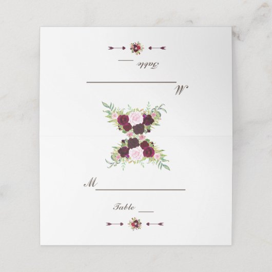 Koninklijk Burgundy Marsala Bloemstuk Tafelnummer Plaatskaartje (Buitenkant ongevouwen)