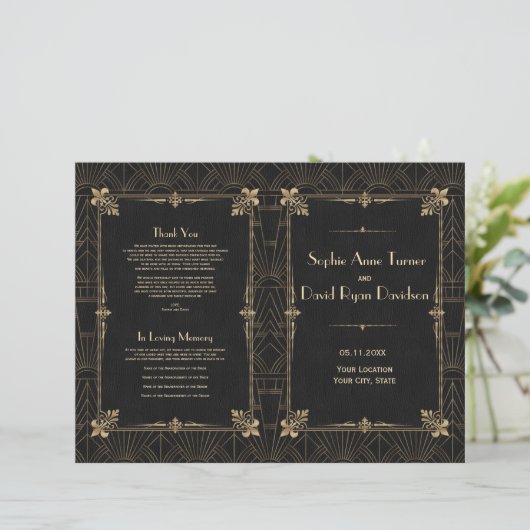 Koninklijk Fleur-de-Lis Art Deco Huwelijksprogramm (Staand voorkant)