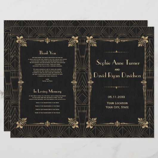 Koninklijk Fleur-de-Lis Art Deco Huwelijksprogramm (Voorkant / Achterkant)