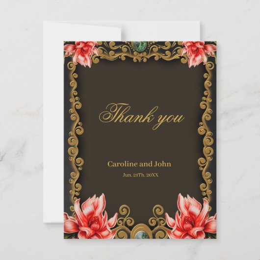 Koninklijk goud en rood bloemontwerp bedankkaart (Voorkant)