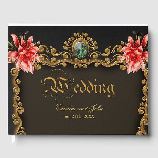 Koninklijk goud en rood bloemontwerp gastenboek (Voorkant)