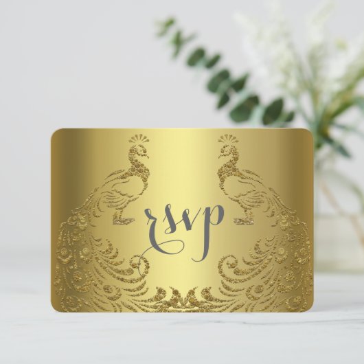 Koninklijk Gouden Abstract Pauwen Huwelijk RSVP Kaartje (Staand voorkant)