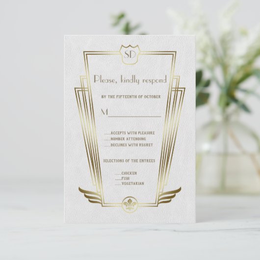Koninklijk gouden Art Deco monogram witte trouw-RS RSVP Kaartje (Staand voorkant)