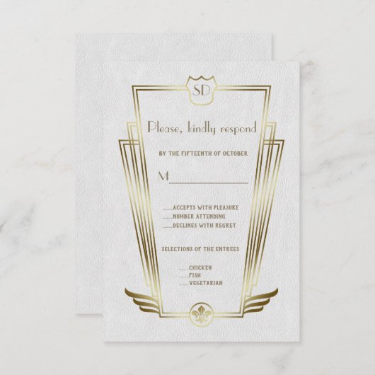 Koninklijk gouden Art Deco monogram witte trouw-RS RSVP Kaartje (Voorkant / Achterkant)