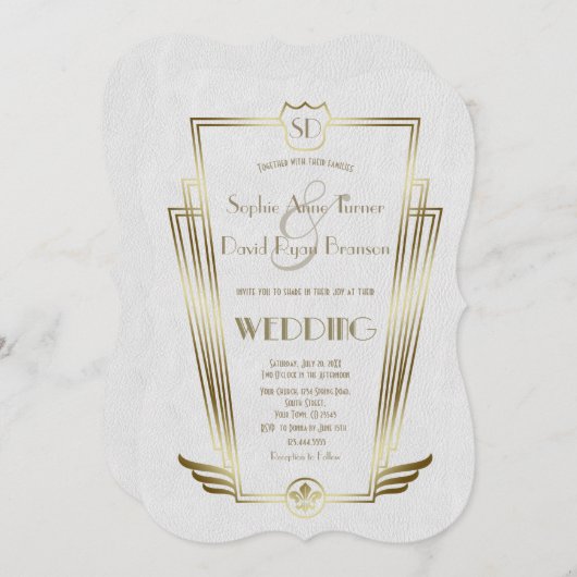 Koninklijk gouden Art Deco monogram witte trouwuit Kaart (Voorkant / Achterkant)