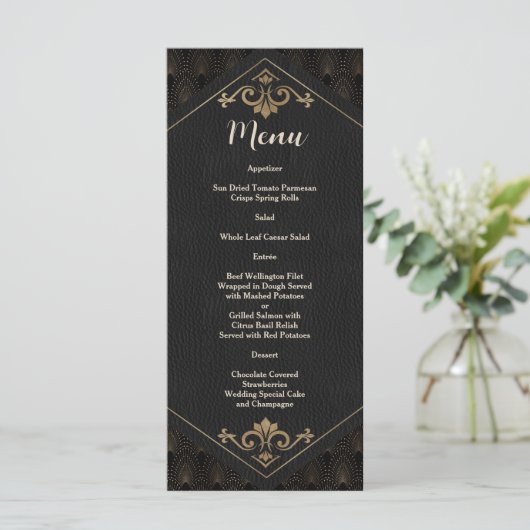 Koninklijk Gouden Great Gatsby Art Deco Bruiloft Menu (Staand voorkant)