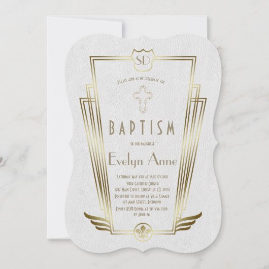 Koninklijk gouden witte Art Deco monogram doop Kaart (Voorkant)