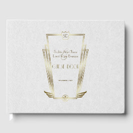 Koninklijk gouden witte Art Deco monogram-huwelijk Gastenboek