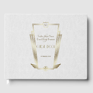 Koninklijk gouden witte Art Deco monogram-huwelijk Gastenboek