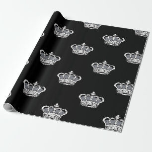 Koninklijk grijs kroonpatroon op een krachtige zwa cadeaupapier