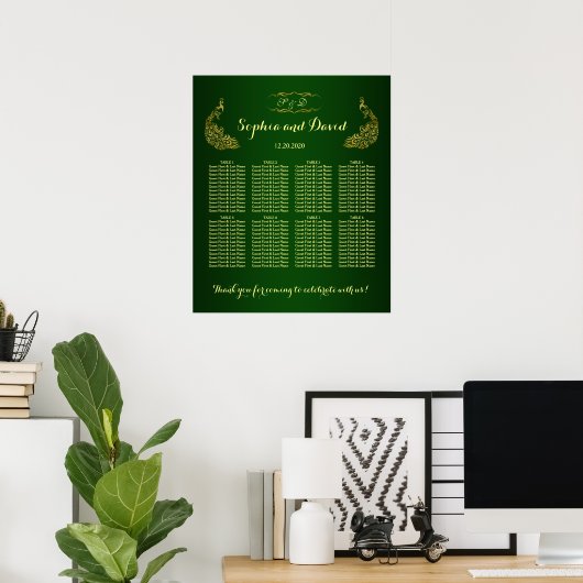 Koninklijk groen gouden pauw-huwelijksstoelenkaart poster (Thuiskantoor)