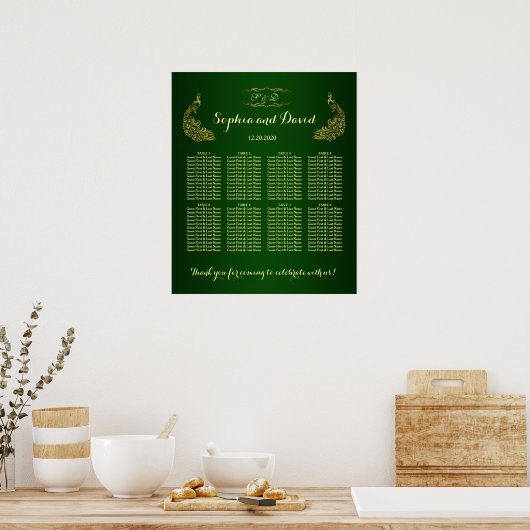 Koninklijk groen gouden pauw-huwelijksstoelenkaart poster (Keuken)