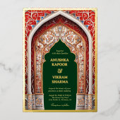 Koninklijk Indiaas Paleis Rode Boog Groen Bruiloft Folie Uitnodiging (Voorkant)