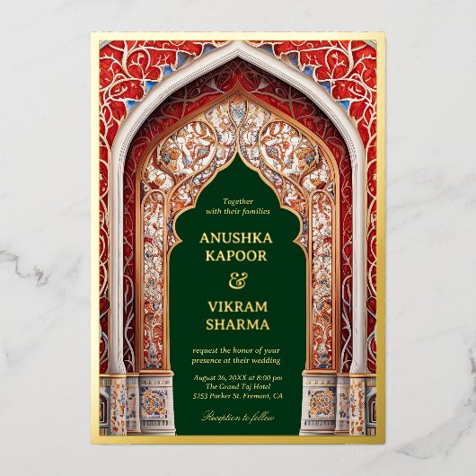 Koninklijk Indiaas Paleis Rode Boog Groen Bruiloft Folie Uitnodiging (Voorkant)