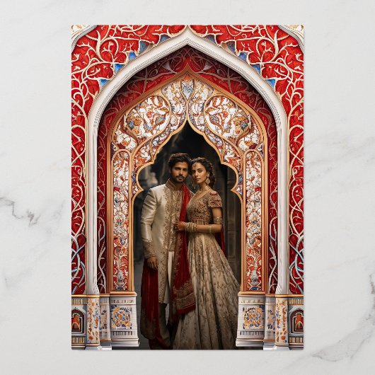 Koninklijk Indiaas Paleis Rode Boog Groen Bruiloft Folie Uitnodiging (Achterkant)