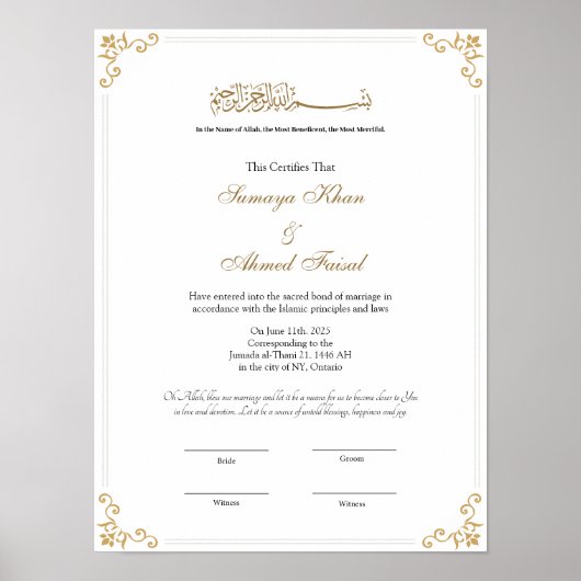 Koninklijk lijst Moslim nikkah certificaat poster (Voorkant)