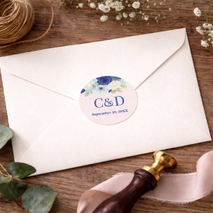 Koninklijk marineblauwe trouwwaterverf ivoorkleuri ronde sticker