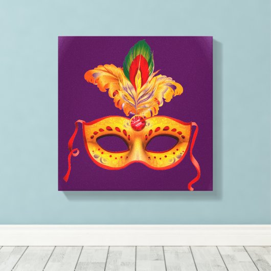 Koninklijk paars en geel theatermasker met veren canvas afdruk (Insitu (Houten vloer))