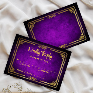 Koninklijk Paars en Gouden Lijst Deco Trouw RSVP Kaartje