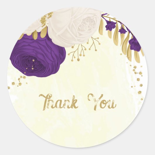koninklijk paars en wit bloemen goud dank u ronde sticker (Voorkant)