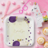 koninklijk paars en wit bloemen goud papieren bordje (Feest)